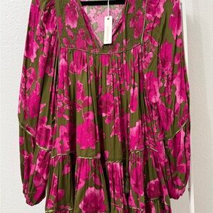 Olivaceous - Olive Green & Hot Pink Floral Mini Dress